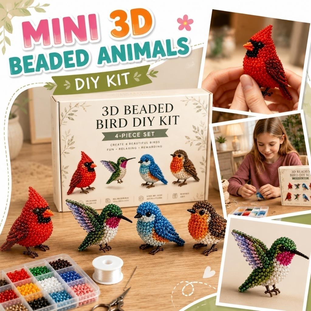 3D Beaded Bird DIY Kit 4-Piece Set Includes Beads Wire Scissors and Step-by-Step Instructions for Crafting Detailed Bird Models
