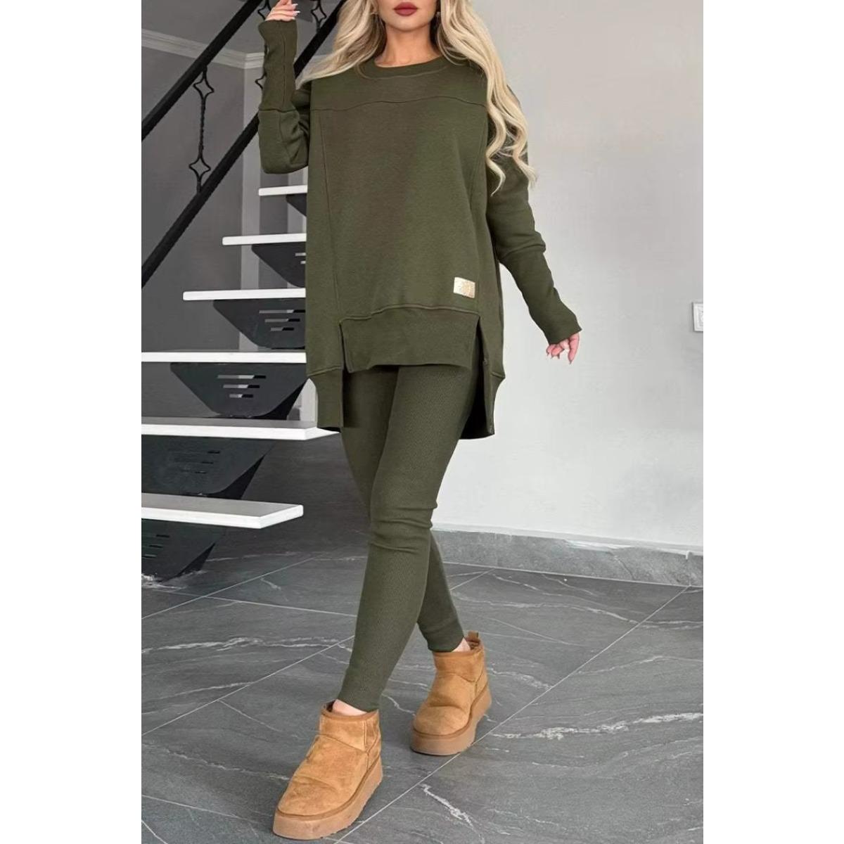 

Women Two Piece Pant Sets O Neck Long Sleeve Tops Split Solid Tracksuit Pencil Pants Casual Suits Lady Regular Autumn Winter XXXL зелений