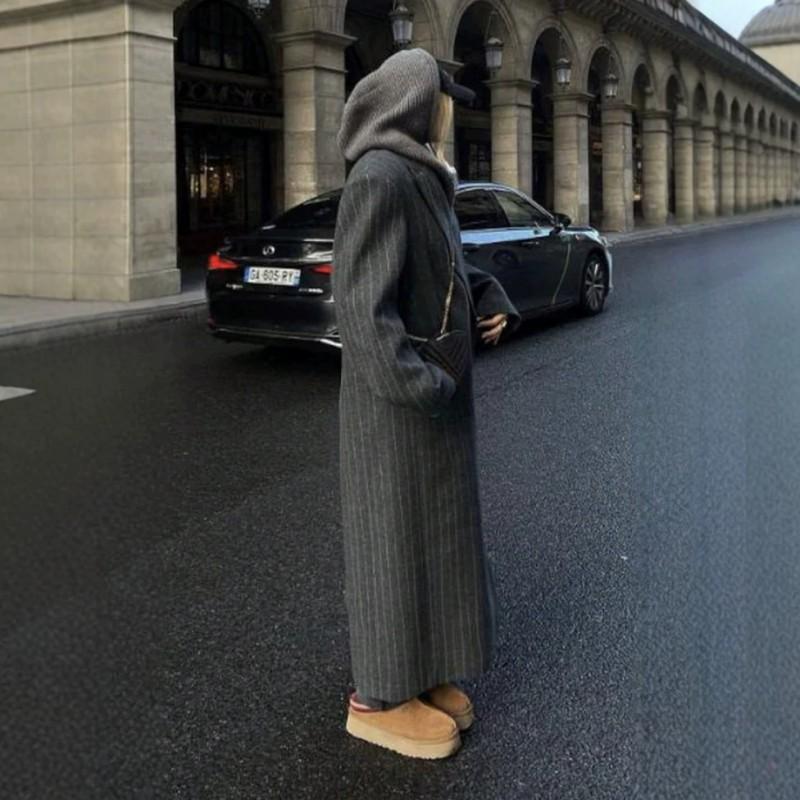 Womens Oversized Long Wool Blend Coat Winter Striped Loose Fit Trench Style Outerwear