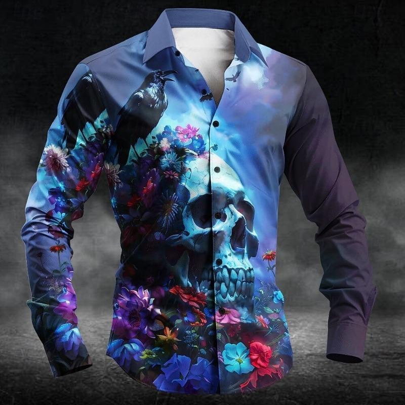 New Men's 3D Skull Print Button Up Shirt Long Sleeved Deep Punk Gothic Flower Style Outdoor Holiday Collar Shirt Top