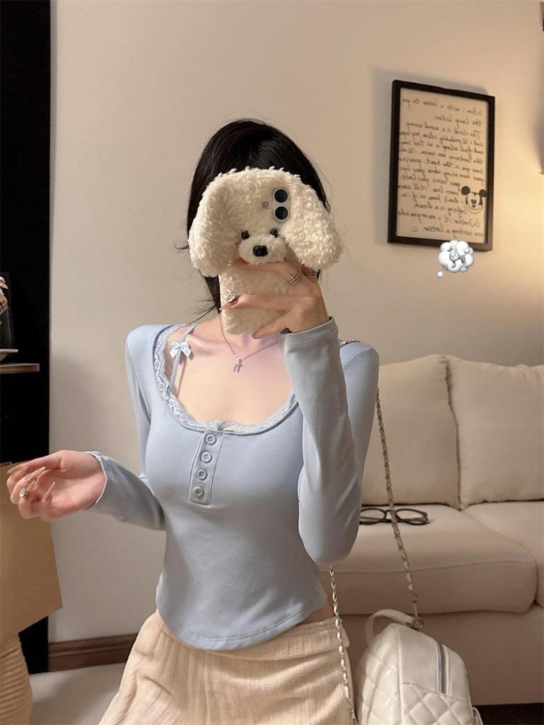 Women's Red Lace Patchwork Long Sleeve Slim-Fit T-shirt - Autumn/Winter Trendy Base Layer Top