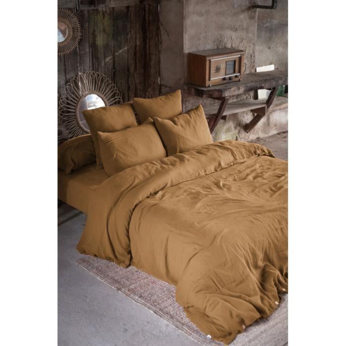 4-piece Bedding Set & 5 Pieces "Gaïa" Cotton Gauze - Gaïa Camel - 5-piece Bedding Set (1 Flat Sheet 270 X 300 + 1 Fitted Sheet