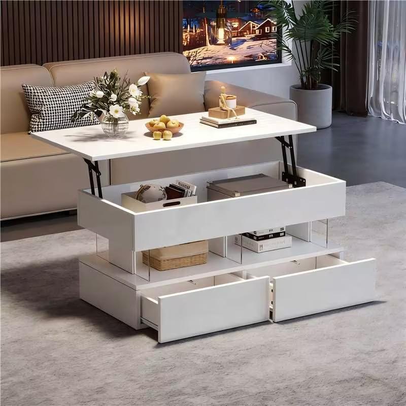 Tavolino Sollevabile 100 x 50 x 46 cm con Piano Regolabile in Altezza, Tavolino Laterale Bianco ad Alta Lucentezza con LED e 2 Cassetti, MDF + Acrilico