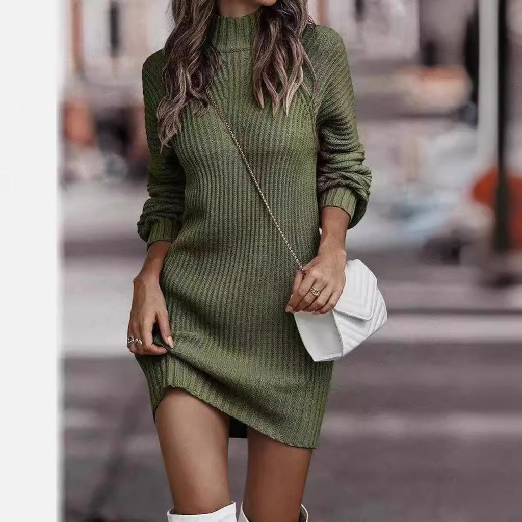 Fall Winter New Women's Turtleneck Long Sleeve Knit Sweater Dress, European American Style Casual Outerwear