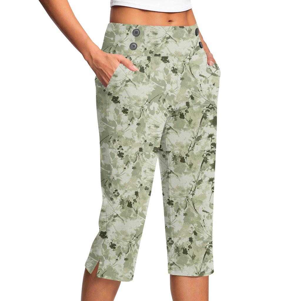 Women's Vintage Floral Print Button Pocket Trousers Slit High Waist Sports Yoga Casual Pants