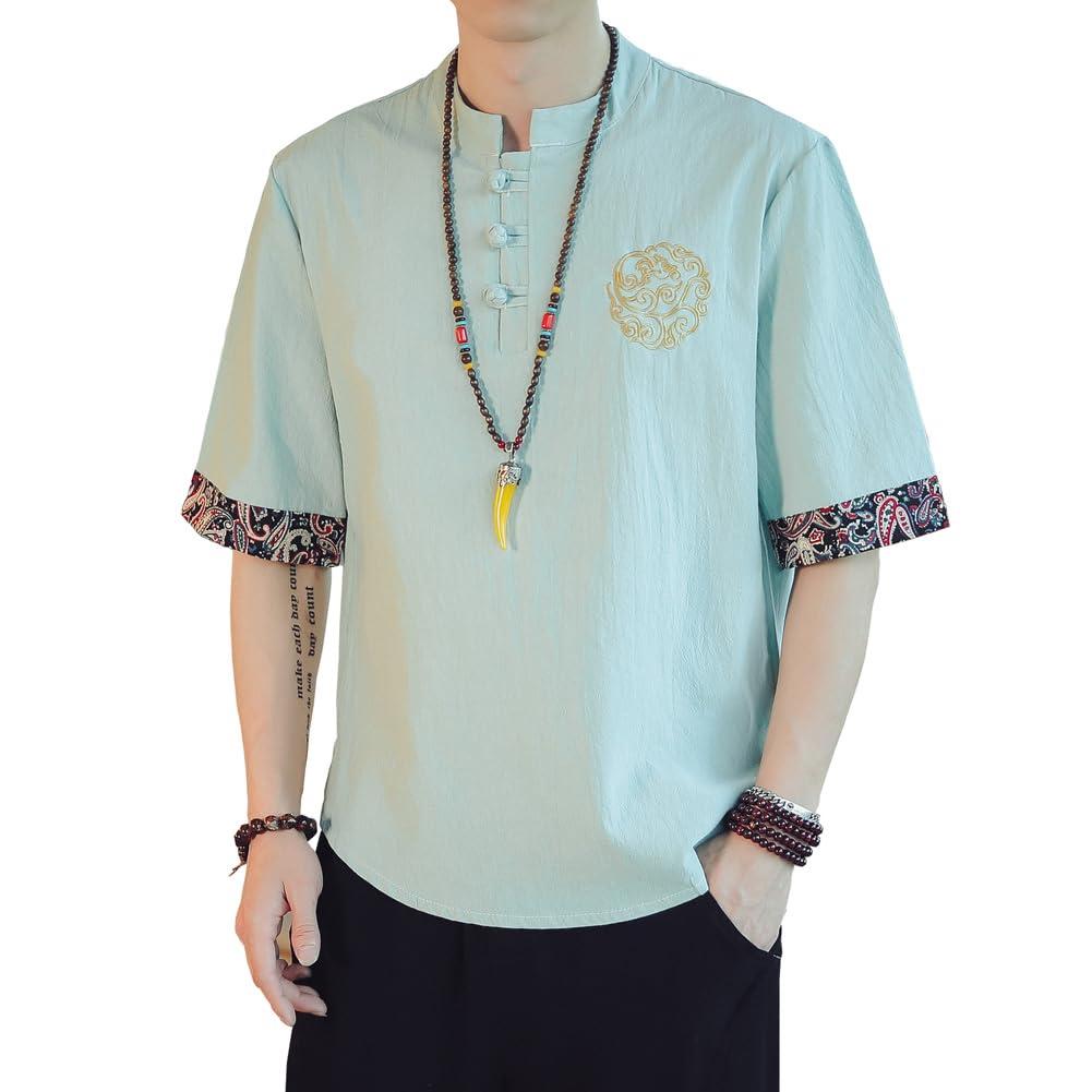 Summer Half Japanese Plus Loose Solid Top GREEN [FJLTDCP] Men's Japanese-Style T-Shirt, Sleeve, Haori, Style, Embroidered, Sizes, Casual, Fit,