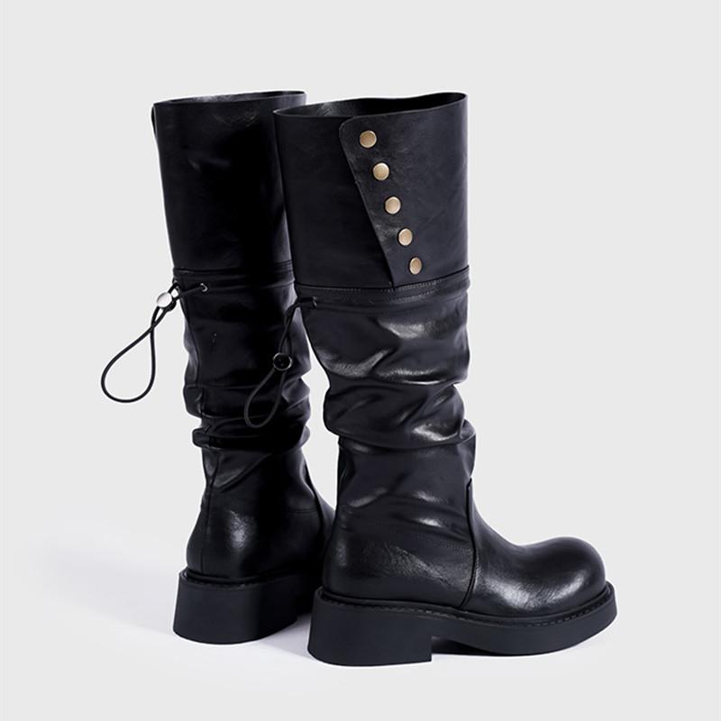 Fashion Autumn Winter Patent Leather Punk Gothic Platform Women Knee-high Boots Fashion Rivet Button Heeled Motorcycle Booties Shoes