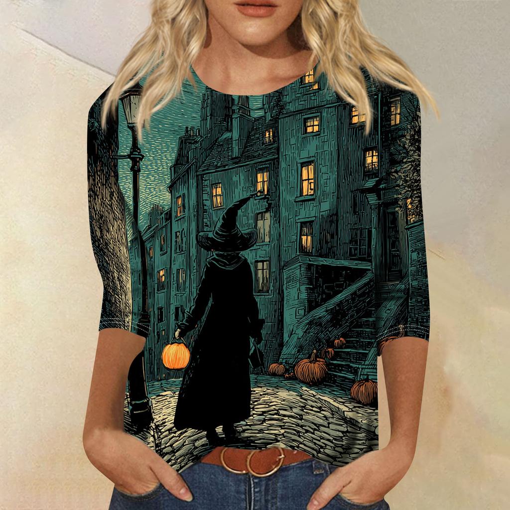 Women Casual Round Neck Halloween Print T Shirt Three Quarter Sleeve Top Lightweight Comfortable Fit Seasonal Graphic Tee