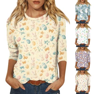 3/4 Sleeve Tops For Women T-Shirt Casual Print Tops T Shirt Round Neck Pullover Blouse