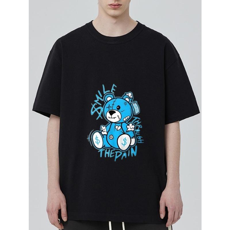 

Black T Shirt with Blue Bear Graphic and Smile Through The Pain Text for Casual Wear XXXXL чёрный
