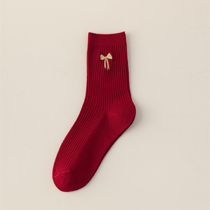 Women's Year of the Horse Red Zodiac Socks, Mid-Calf, Double Needle, Striped, Autumn/Winter.
