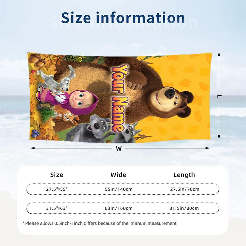 Masha and the Bear Beach Towel, Personalized Custom Text, Quick Dry Soft Large Towel For Swimming Pool Travel
