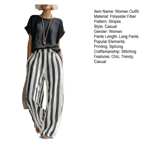 Summer 2 Piece Sets for Women Short Sleeve Crew Neck Top And Wide Leg Pants Sets Casual Striped Loungewear Outfits