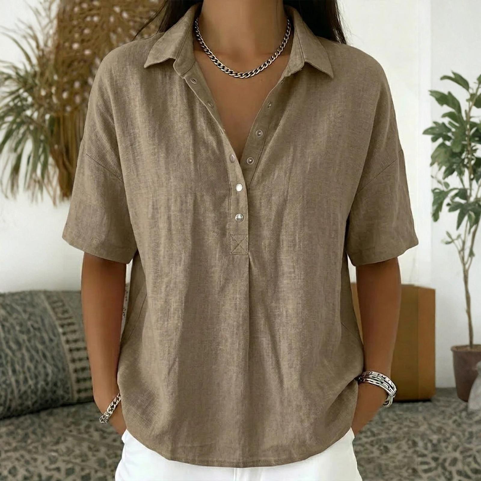 Women s Fashionable Loose-Fit Button-Down V-Neck Short-Sleeve Shirt Casual Top L хаки