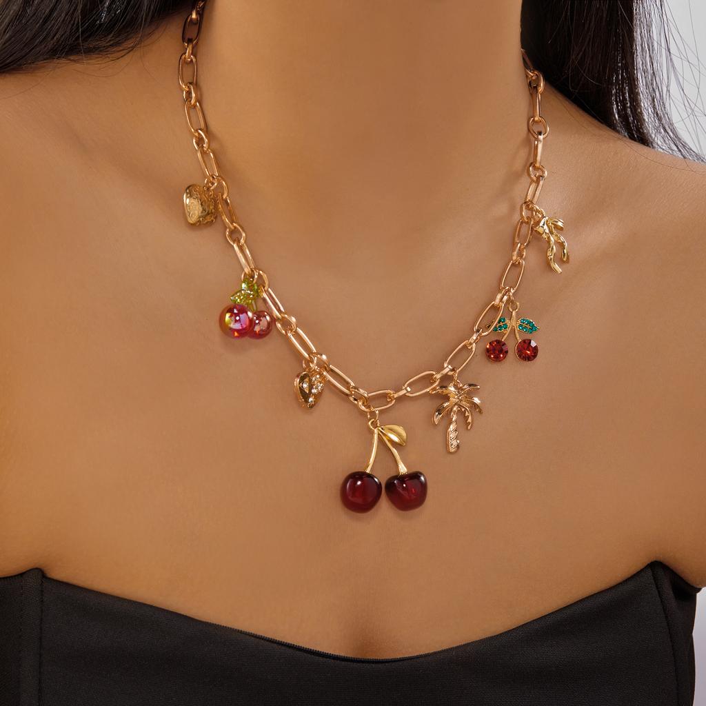 Sweet Charms Heart Cherry Strawberry Bow Multiple Pendant Necklace for Women New Trendy Cute Fruit Choker Chain Y2k Jewelry Gift
