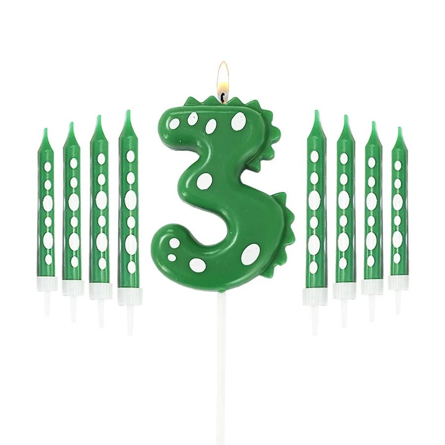 

7 шт. свечей на день рождения динозавра, зеленая цифровая свеча 0-9 для украшения вечеринки в стиле динозавров, цифровая свеча для украшения торта