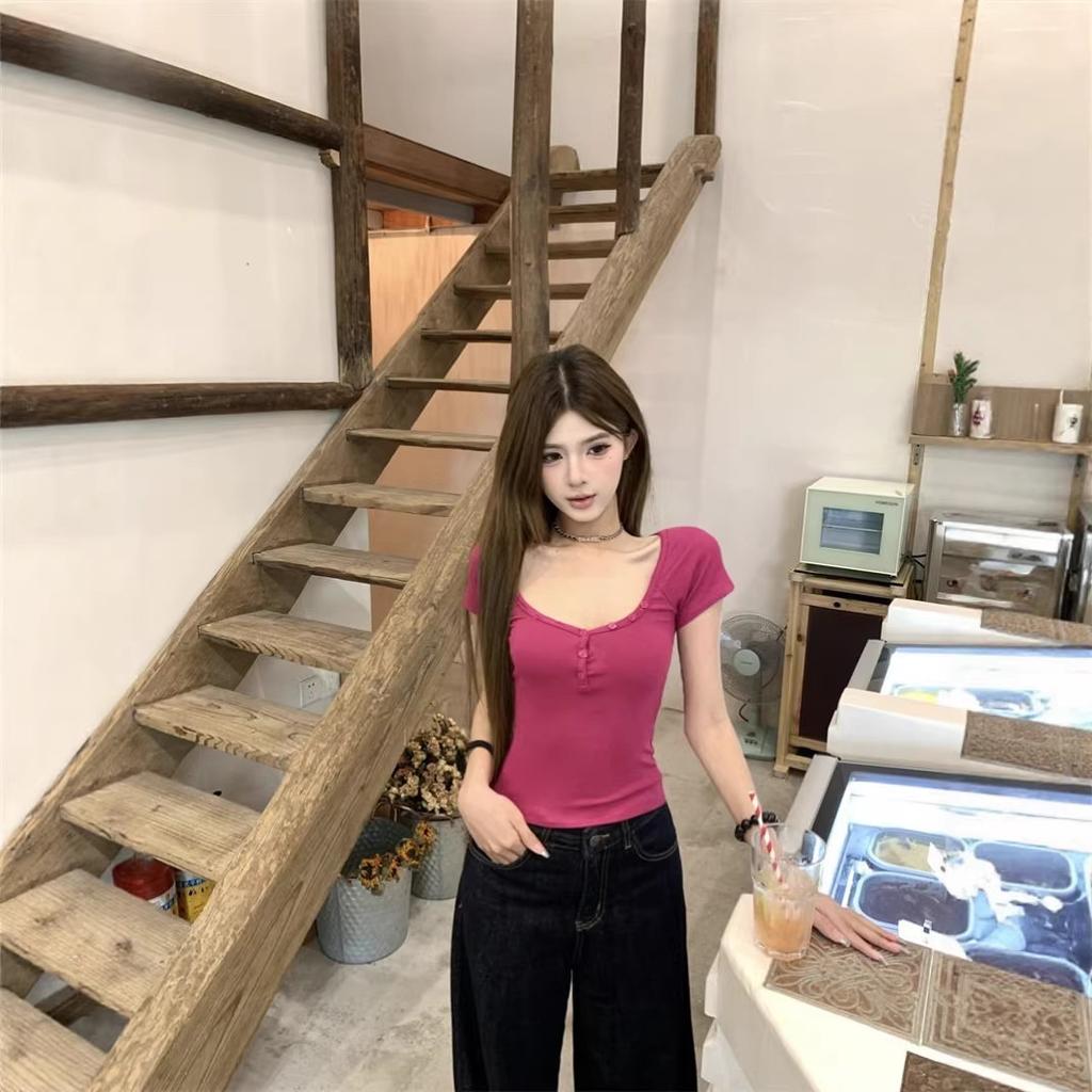 American Front Shoulder Short-sleeved T-shirt Women's Summer Korean Slim-fitting and Thin Inner Bottoming Shirt Spice Girl Short Casual Top