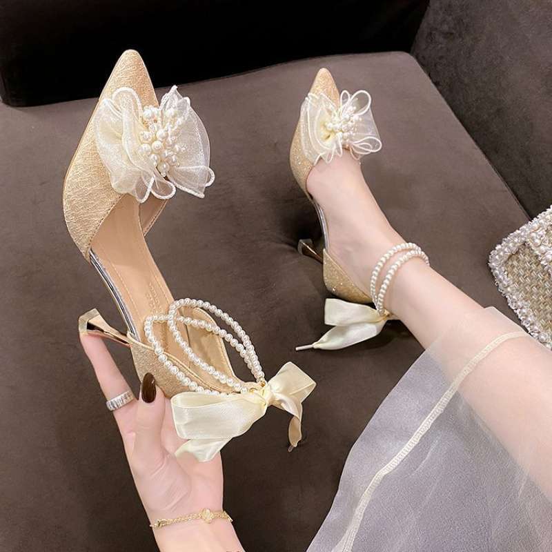 Medium heel stiletto high heels women's sandals 2025 summer new one-word buckle bow single shoes fairy style work shoes