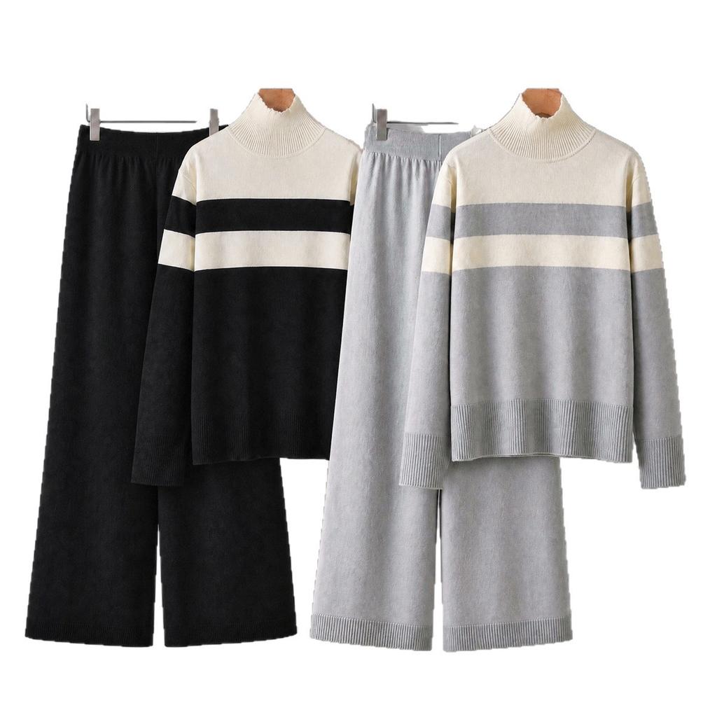 1116 Autumn and Winter New Knitted Sweater Long-sleeved Color Matching Striped Loose Semi-turtleneck Pullover Knitted Two-piece Set