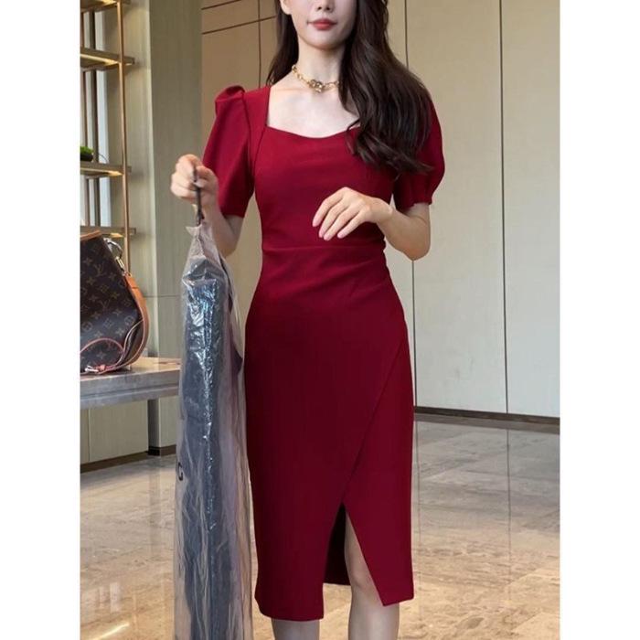 

New Style Pleated Puff Sleeve Square Neck Dress - Summer Temperament Midi Design with Slit L бордовий