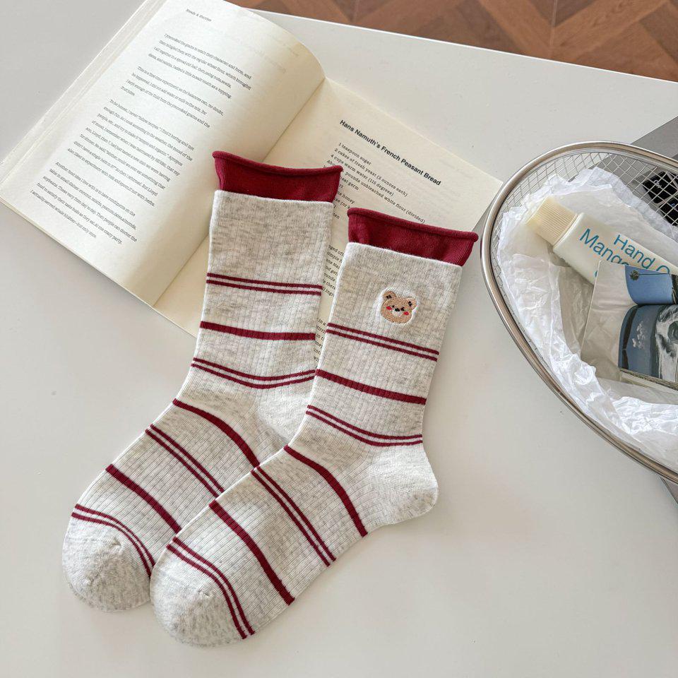 

Модные студенческие милые полосатые спортивные носки до середины икры с вышивкой в виде медведя и подвернутым краем, двухслойные One Size