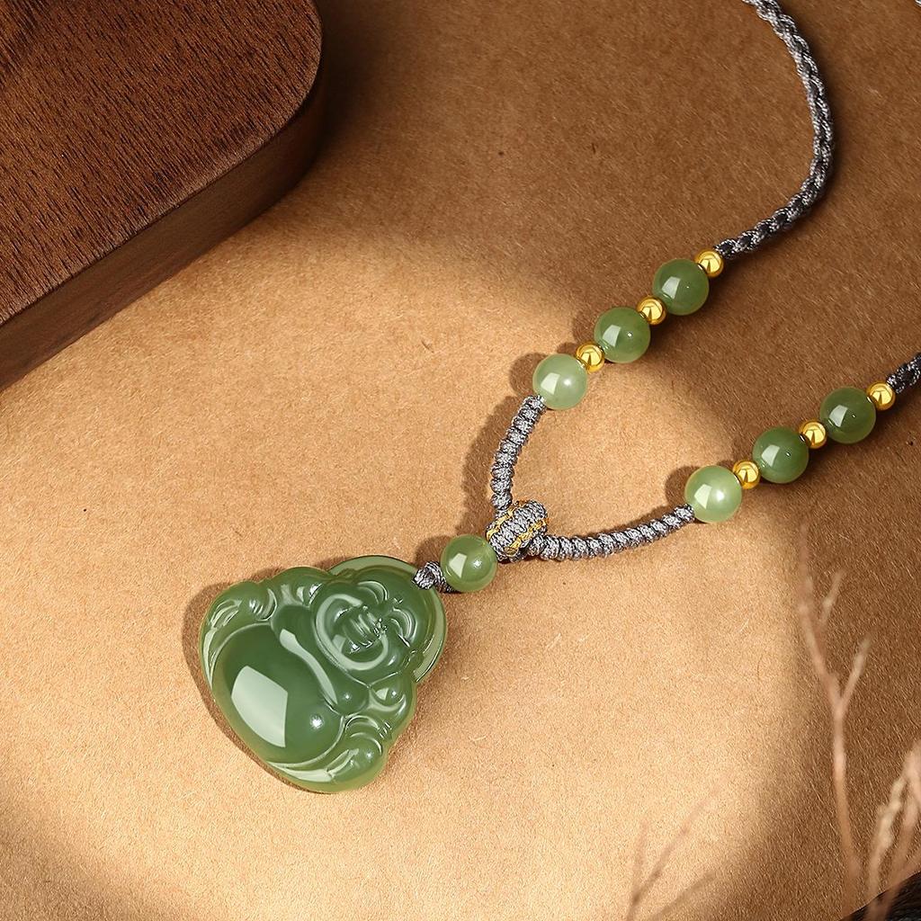 Hetian Jade Maitreya Buddha Anhänger Halskette – Damen Lanyard Schmuck
