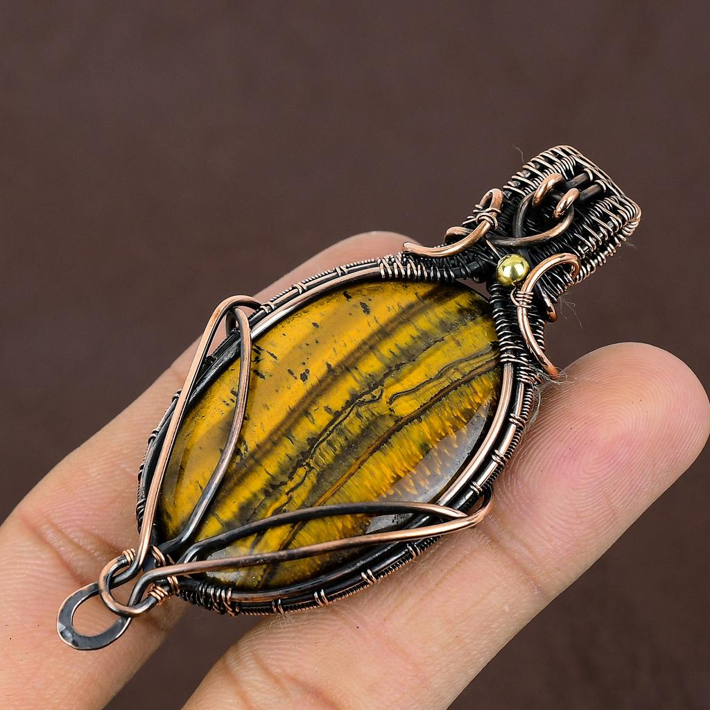Tiger Eye Handmade Copper Wire Wrap Pendant Gift Jewelry 2.15" j8o14