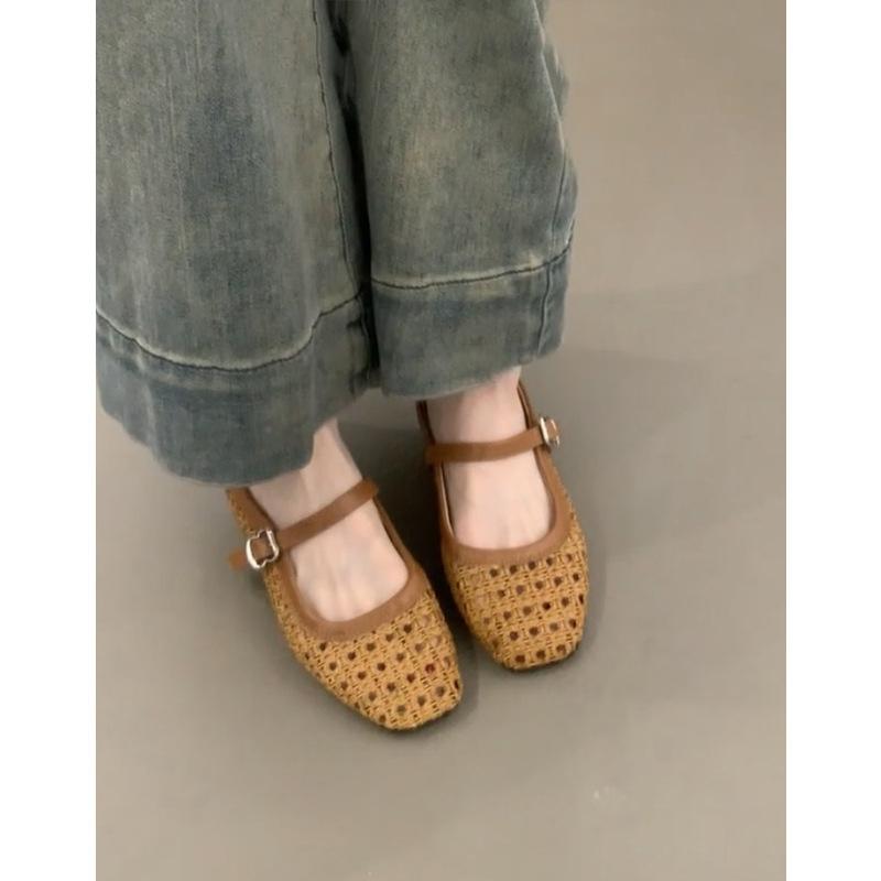 Vintage woven hollow word with thick heel bag head half slippers women's sandals Muller Mary Jane