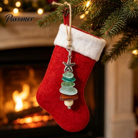 Exquisite Christmas Tree Decoration Sea Glass Ornament, Handmade Starfish Hanging Decorative Bag Charm for Vacation Decoration, Coastal Style Pendant