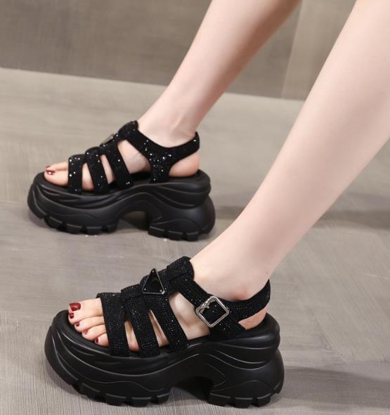 Fashion High quality 8CM Synthetic Microfiber Leather Women Sandals Flats Chunky Sneakers Hollow Bling Vulcanize Platform Wedge Shoes