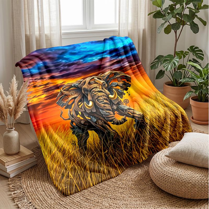 Mechanical Elephant Pair Theme Blanket Lightweight Warm Flannel Blanket Decorative Throw Blanket for Home Decoration
