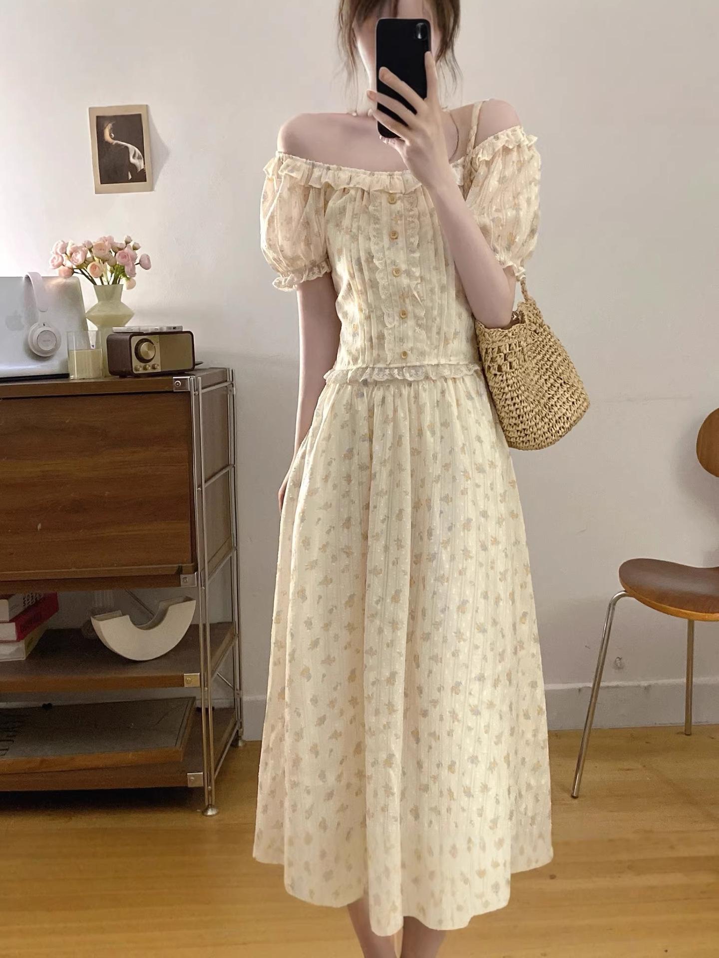 2026 Plus Size French Style Floral Two-Piece Puff Sleeve Dress Set M