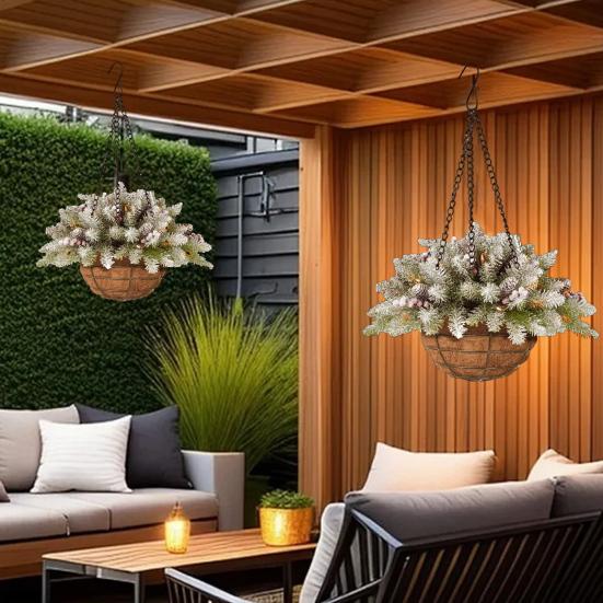 Yousheng Christmas Hanging Baskets Pre-Lit Artificial Basket with LED Lights Pine Cones Berries Winter Outdoor Planter for Outside Porch Front Door