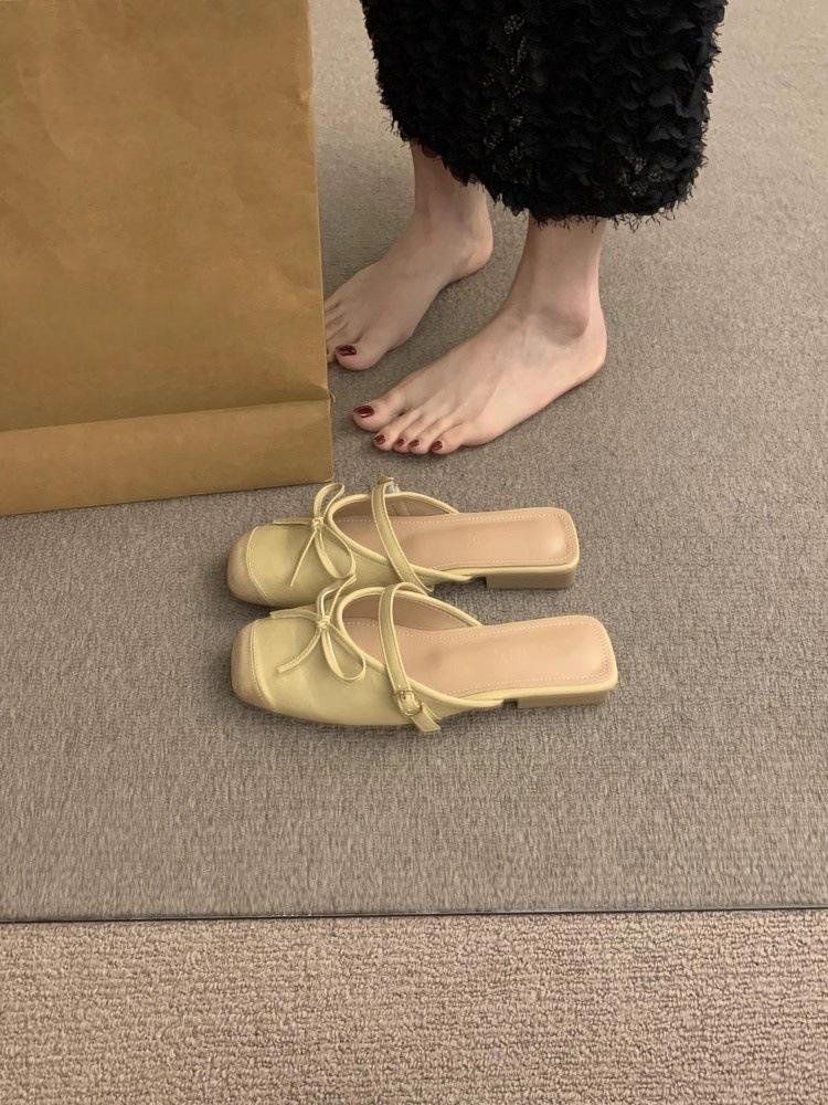 

With skirt temperament, evening breeze bag head bow half slippers, women s summer high-end sense outer wear flat-bottomed French sandals 40 абрикосовый