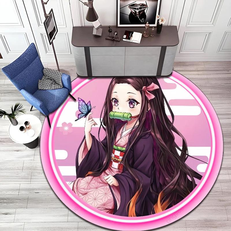 Classic Japanese-style Cartoon Demon Slayer Round Rug, Home Soft Decorative Anti-slip Yoga Mat and Chair Mat, Outdoor Floor Mat Carpet K10