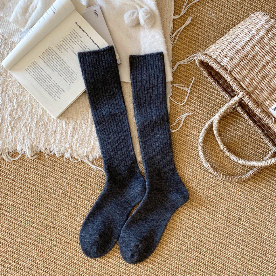 Winter Wool Double-Needle Vertical Stripe Thigh-High Socks - Thick, Warm, Slimming for Girls