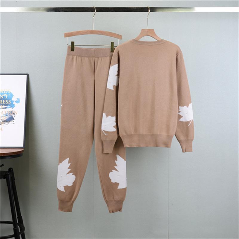 Set Tricotat Toamnă Modă Frunze Margele Unghii pentru Femei Pulover Casual Sport Set Două Piese