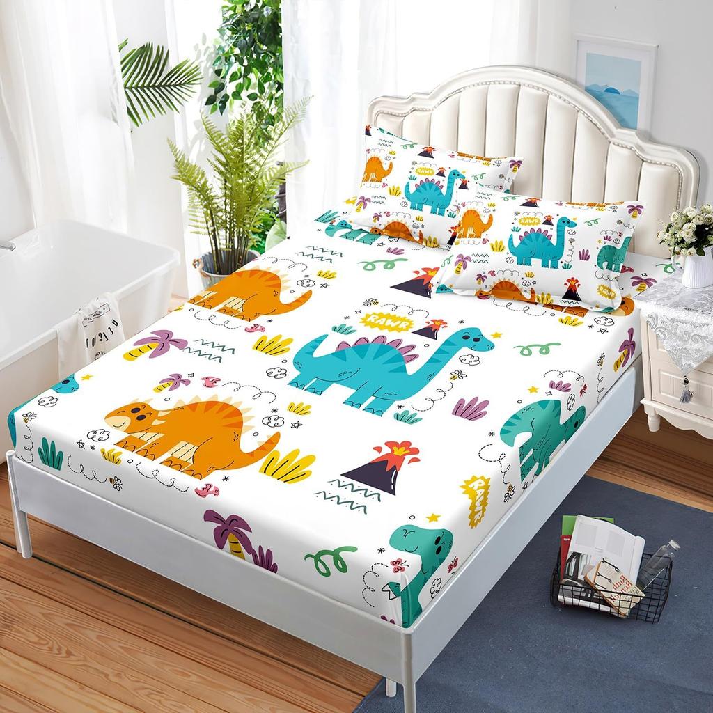 Cute Dinosaur Bedding Set 2pcs Single Size Fitted Sheet with Pillowcase for Kids Boys Teens Cartoon Animal Design