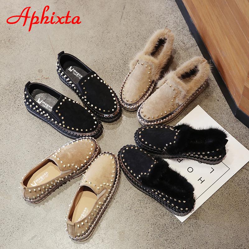 Aphixta Real Mink Fur Shoes Women Flats Luxury Rivets Hand Stitching Winter Shoes Woman Crystals Slip-on Platform Footwear