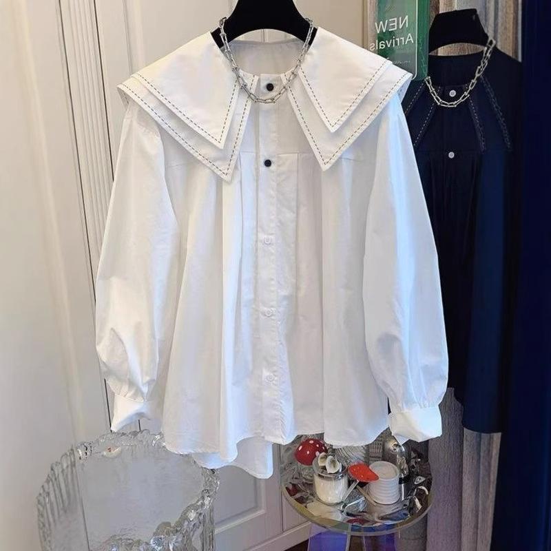 

Весна Осень Женщины Кукольный Воротник Кардиган Блузка Корейский Женский Свободный Однотонный Рубашка Топы Женская Мода Фонарики Рукава Рубашки 2XL