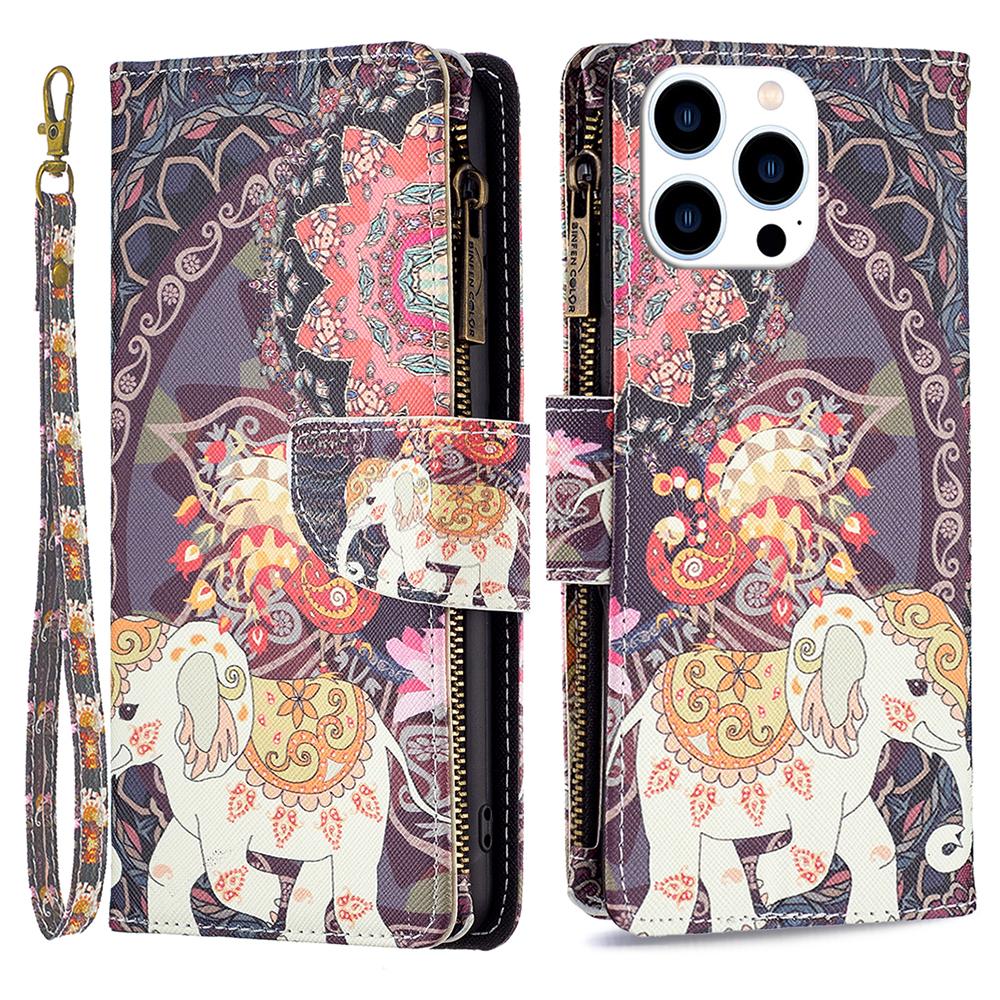 

BF03 For iPhone 16 Pro Case Pattern Print PU Leather Phone Cover with Zipper Wallet Flowers and Elephant