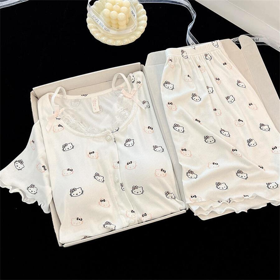 

Sweet cartoon Kitty cat pajamas women s summer crew neck short-sleeved shorts set can be worn outside loungewear two-piece set S