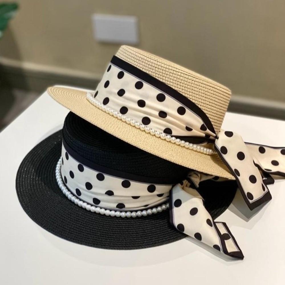 Straw Weaving Sun Protection Cap Dot Ribbon Wide Brim Hat Vacation Beach Straw Cap  Sun Protection