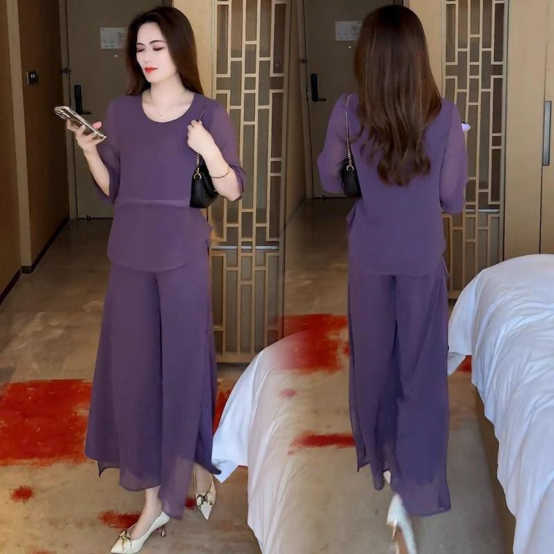 Summer Chic Women's Two-Piece Set: Loose Chiffon Top & Wide-Leg Pants