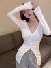 Women's Irregular Split Long Sleeve V-neck Top - Sexy Autumn Base Layer Shirt