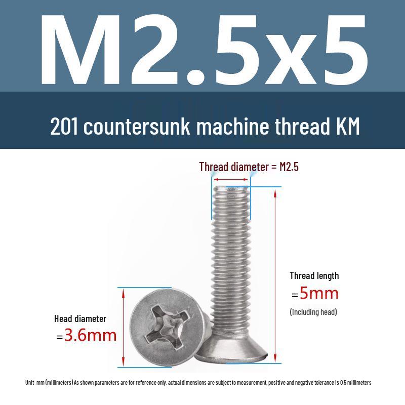 Stainless Steel Phillips Countersunk Machine Screws M2-M5, Flat Tail, Full Thread