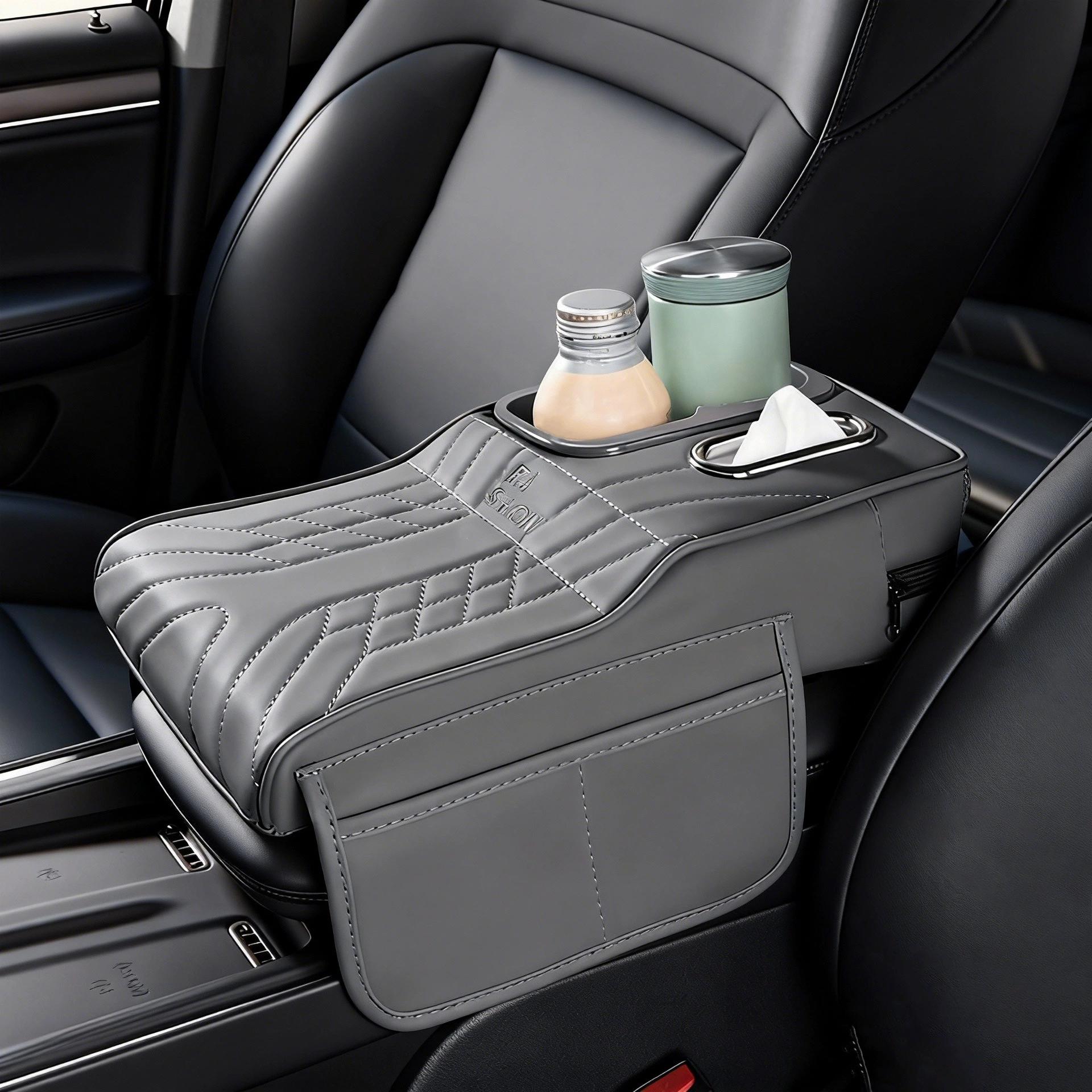 Boîte d'accoudoir universelle pour voiture Coussinet rehausseur Couvercle de console centrale Coussin d'accoudoir Avec porte-gobelet et porte-mouchoirs Boîte de rangement Pour voiture SUV Camion
