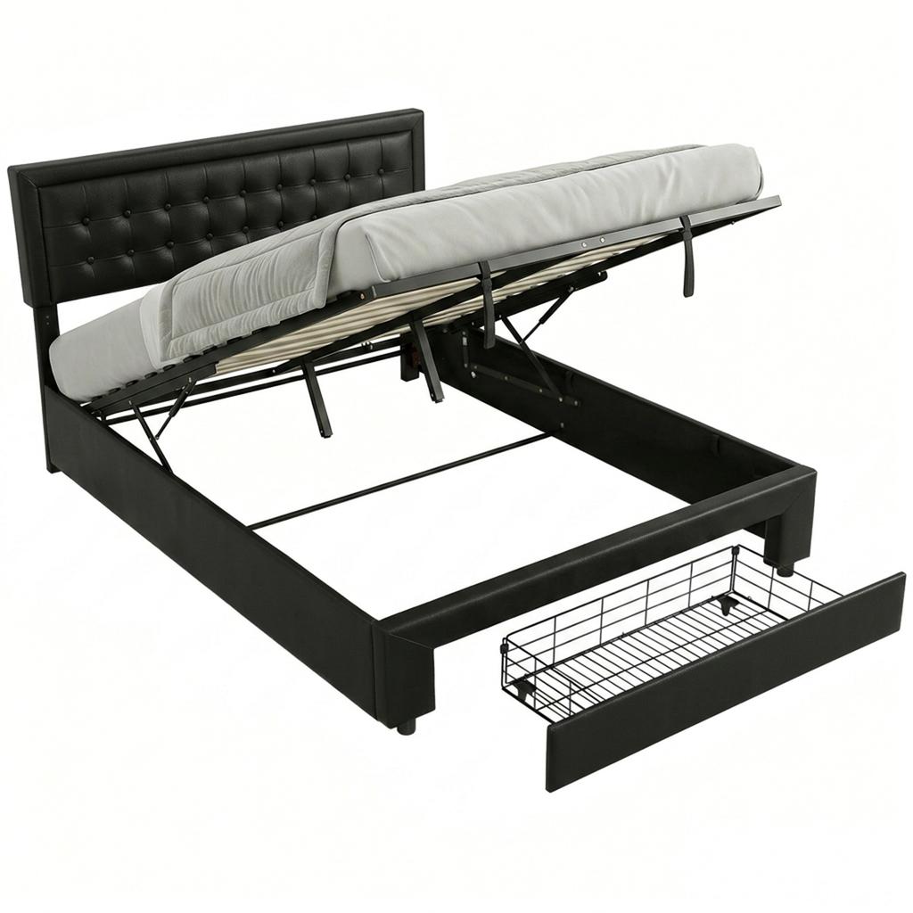 PU Leather King Size Ottoman Bed Frame, with Front Drawer - Black