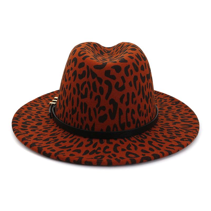 Wzcx Fashion Belt Flat Top Women Leopard Felt Hat Autumn Winter Casual Tide Personality Girls Jazz Hat Adult Cap