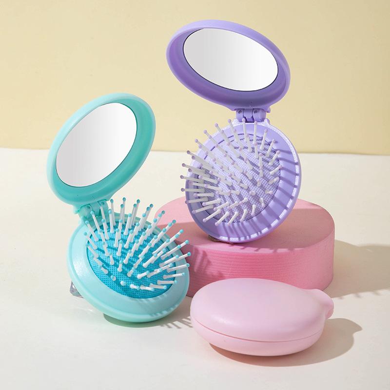 1pc Mini Pocket Mirror Folding Comb Anti Static Portable Round Pocket Airbag Massage Comb with Mirror Styling Comb